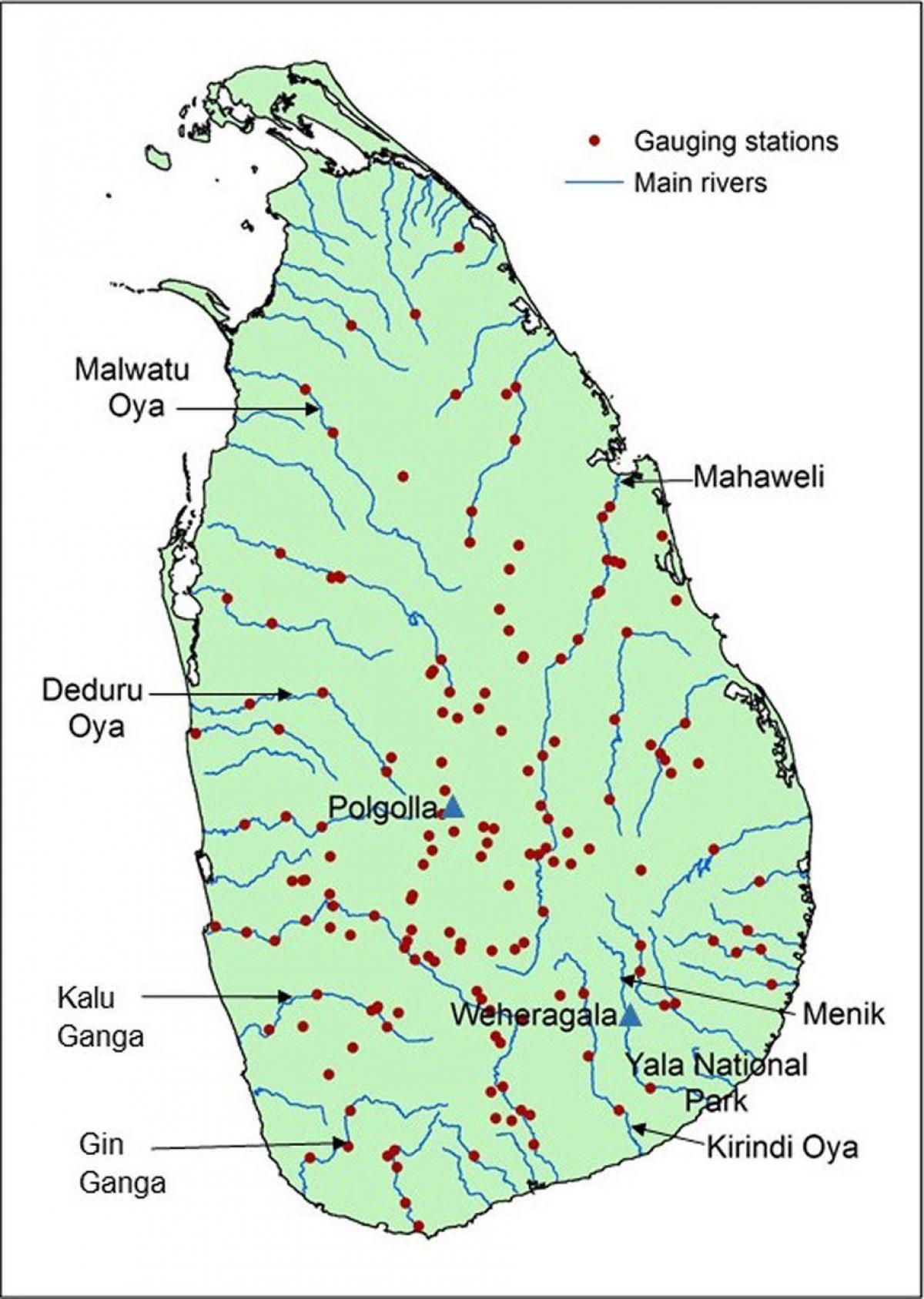 Sri Lanka belangrijkste rivieren kaart