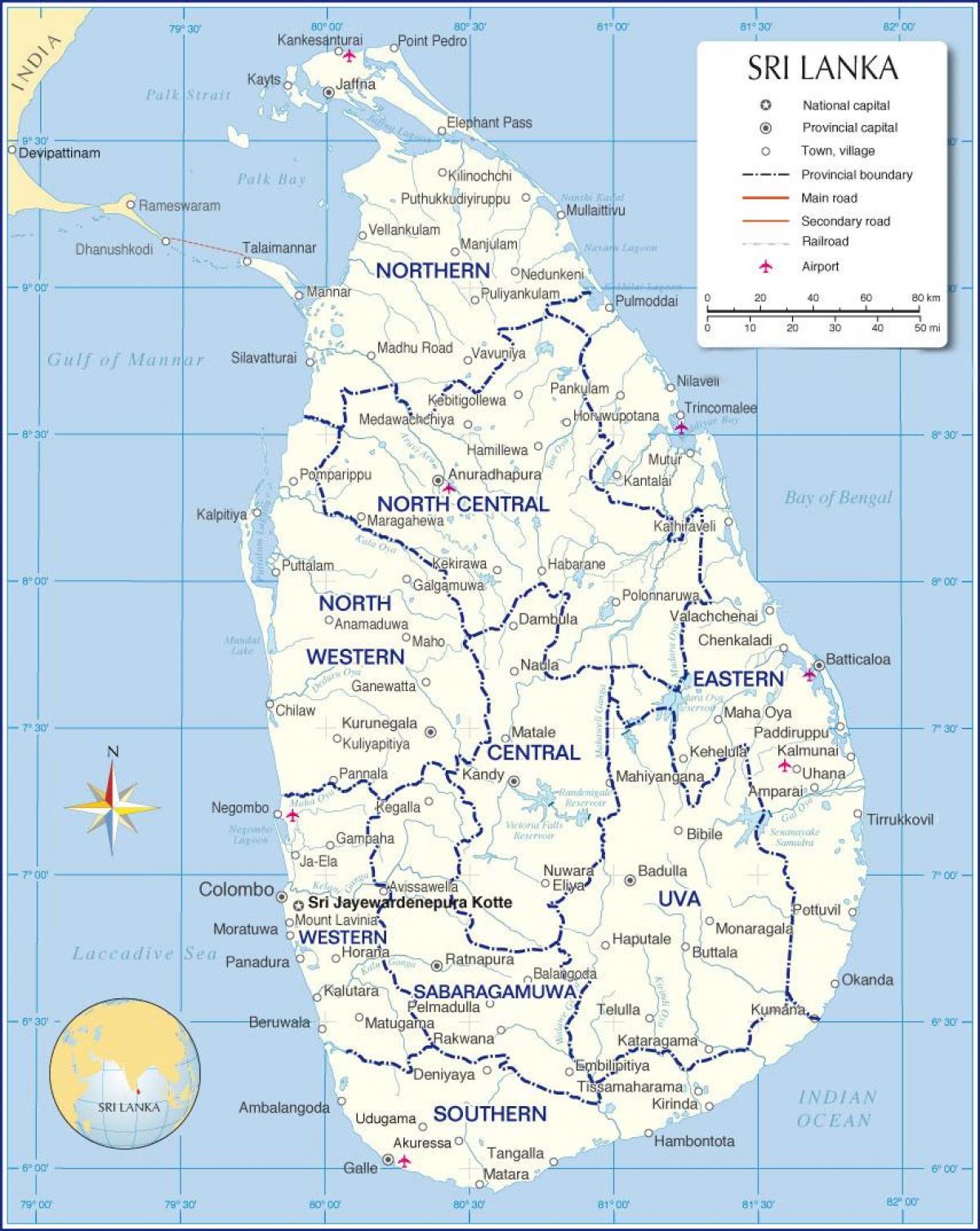 kaart van de internationale vliegvelden in Sri Lanka