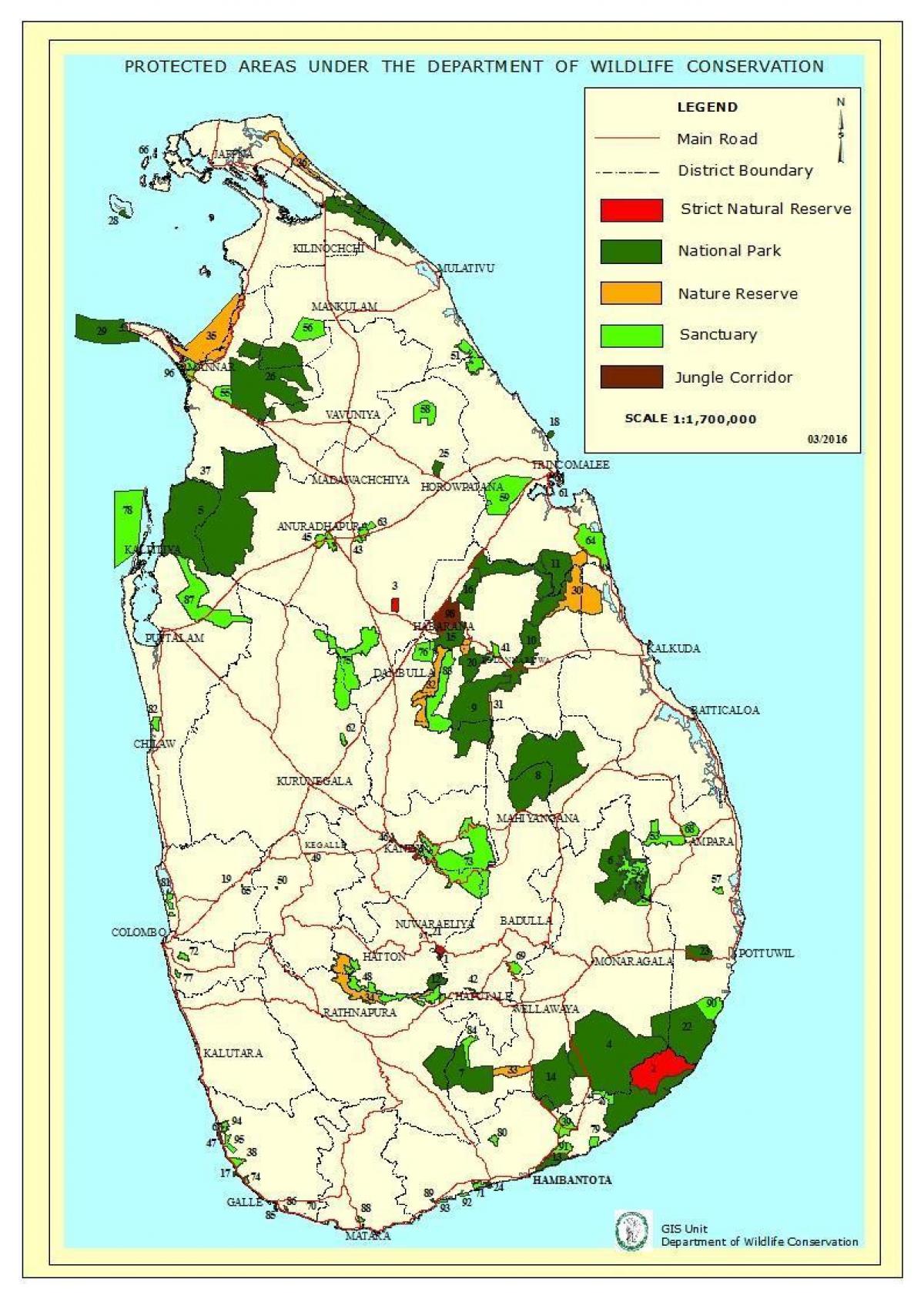 kaart van de nationale parken in Sri Lanka