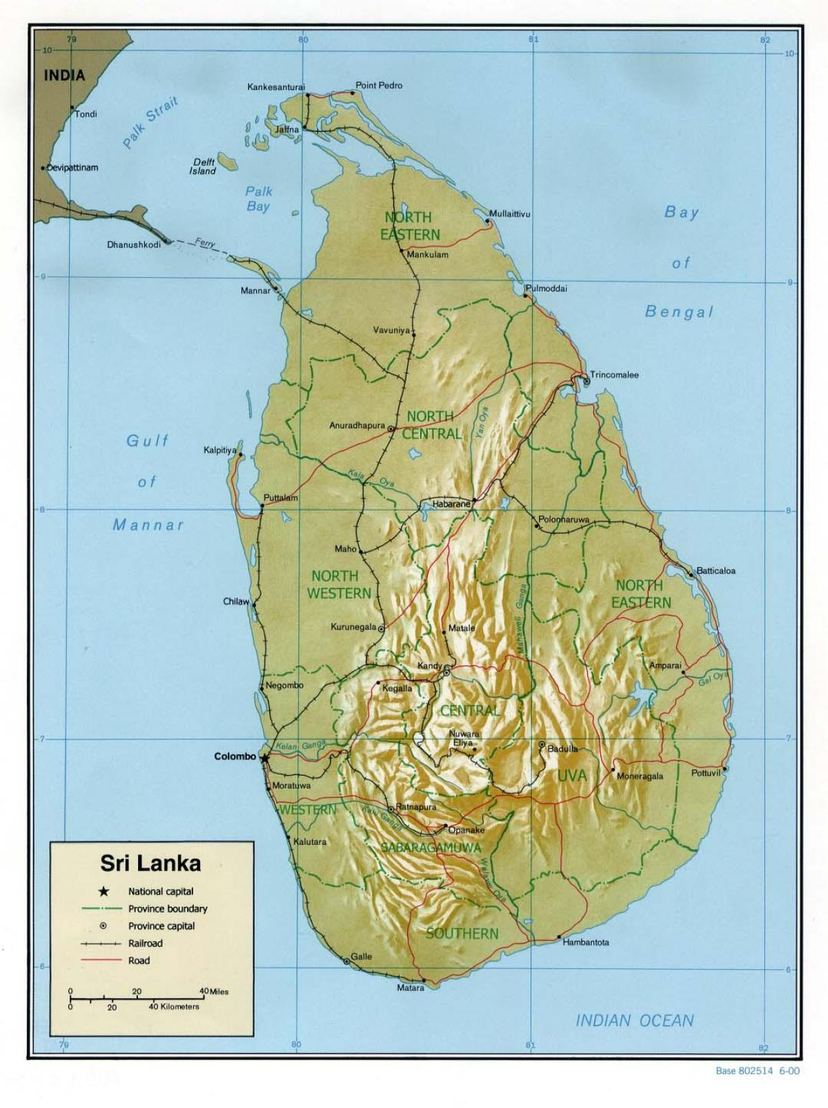 kaart van Sri Lanka wegen met kilometers