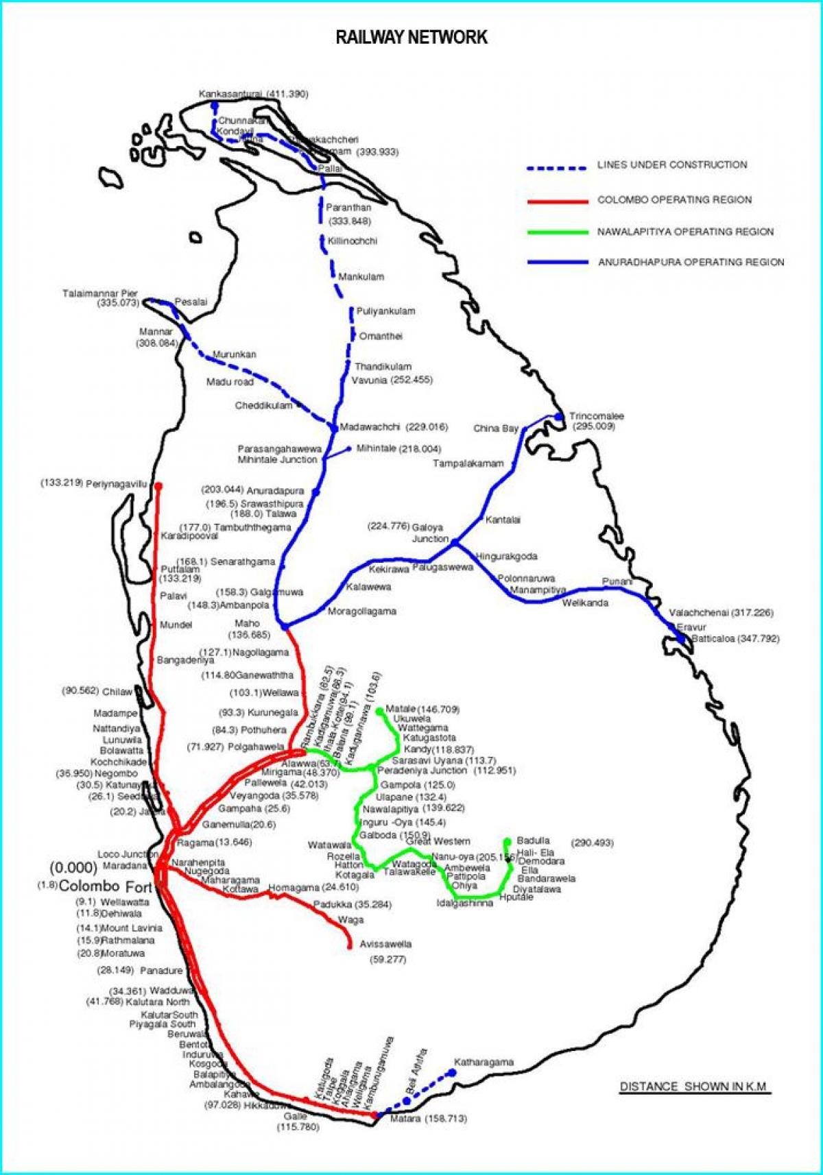 spoorweg route kaart van Sri Lanka