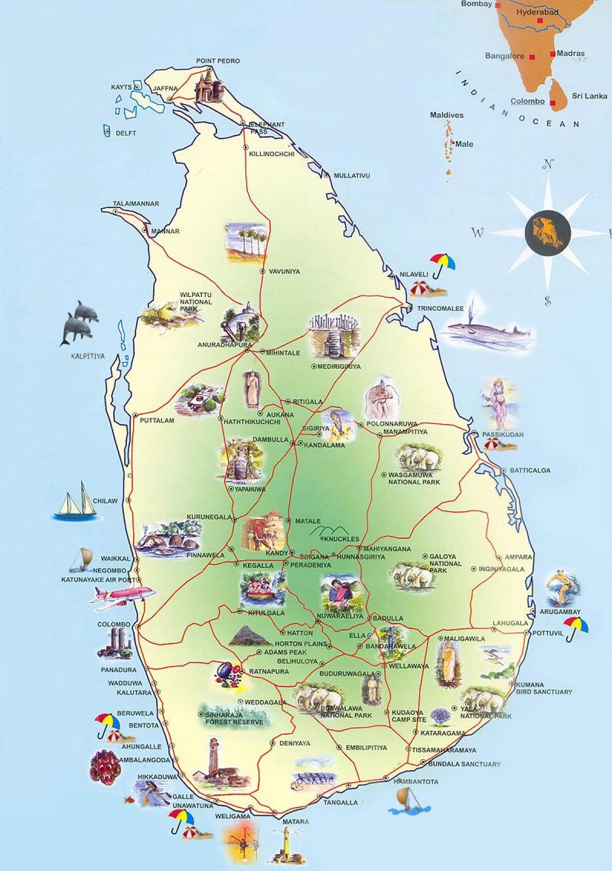 toeristische bezienswaardigheden van Sri Lanka kaart