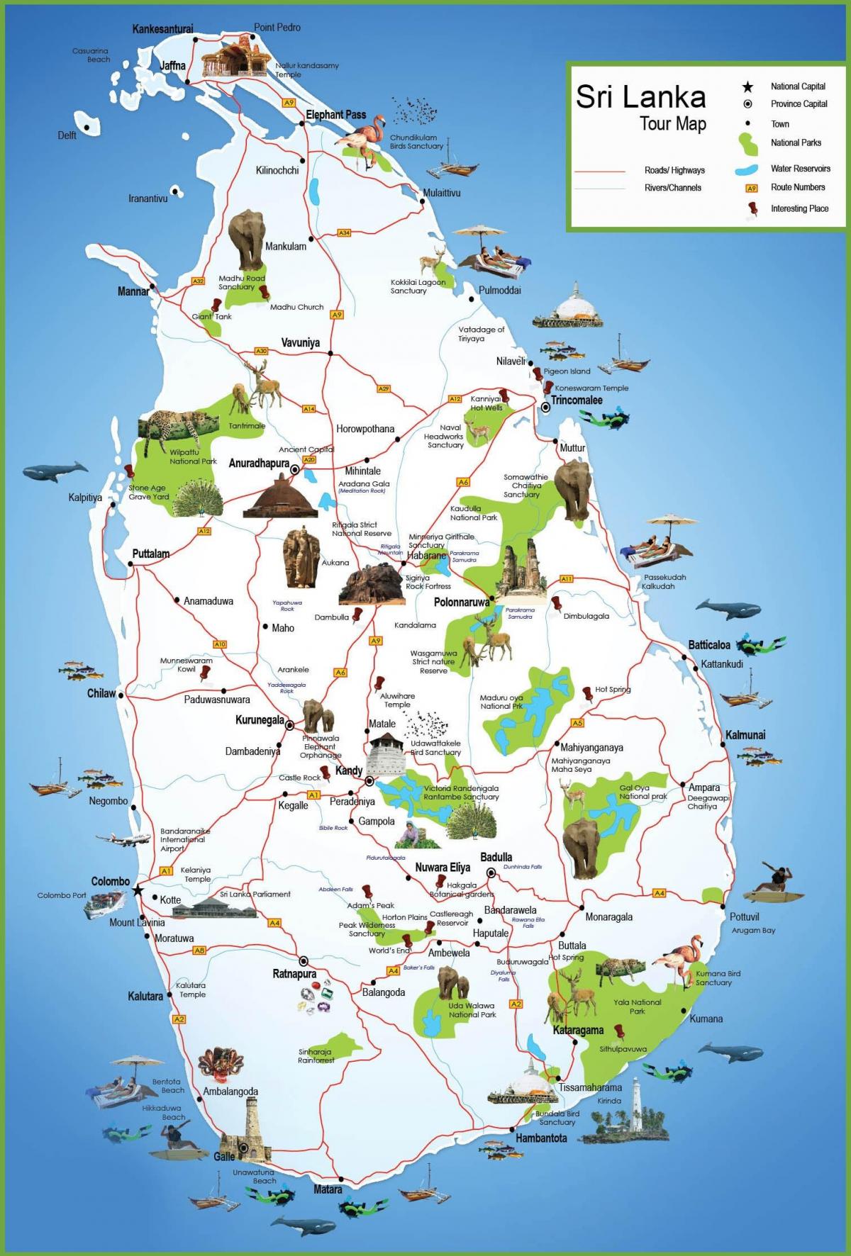 toeristische plaatsen in Sri Lanka kaart