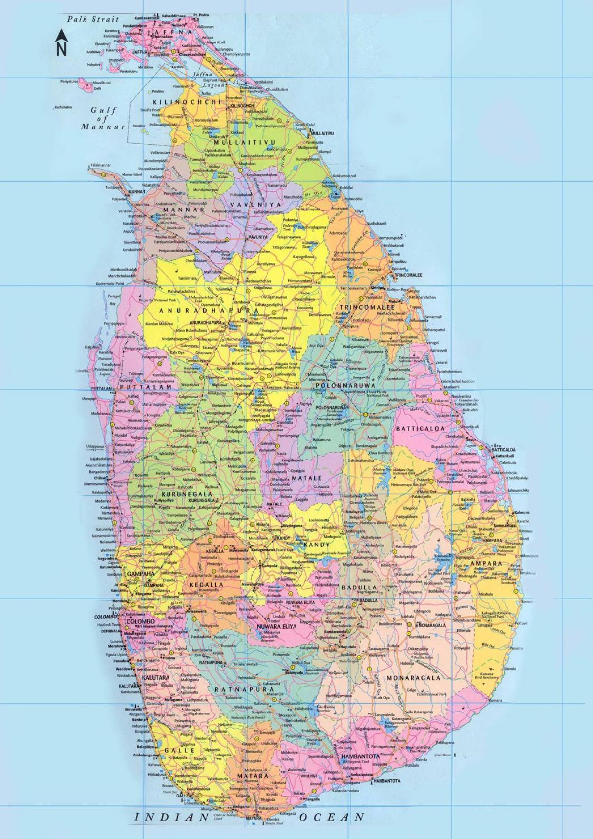 Sri Lanka wegenkaart km afstand