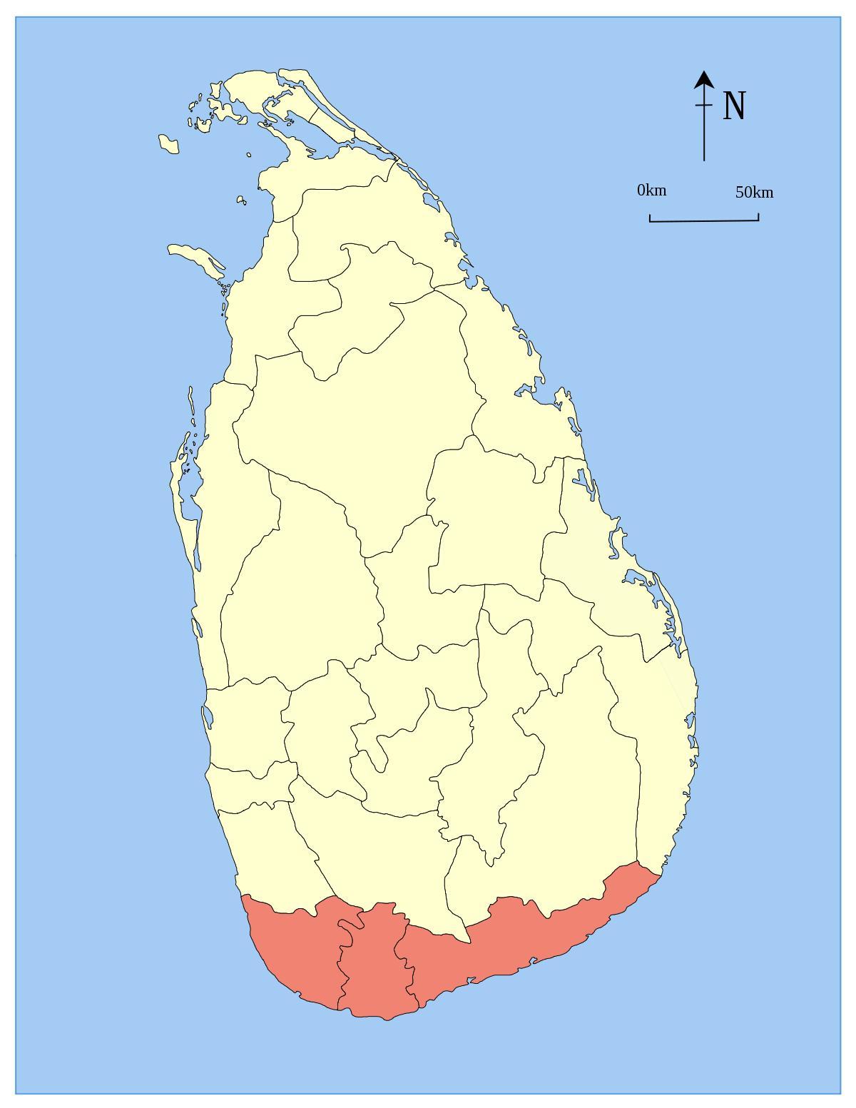 kaart van Sri Lanka zuidelijke provincie