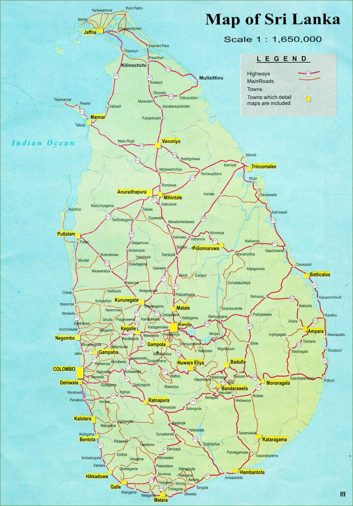kaart van de toeristische kaart van Sri Lanka met weg