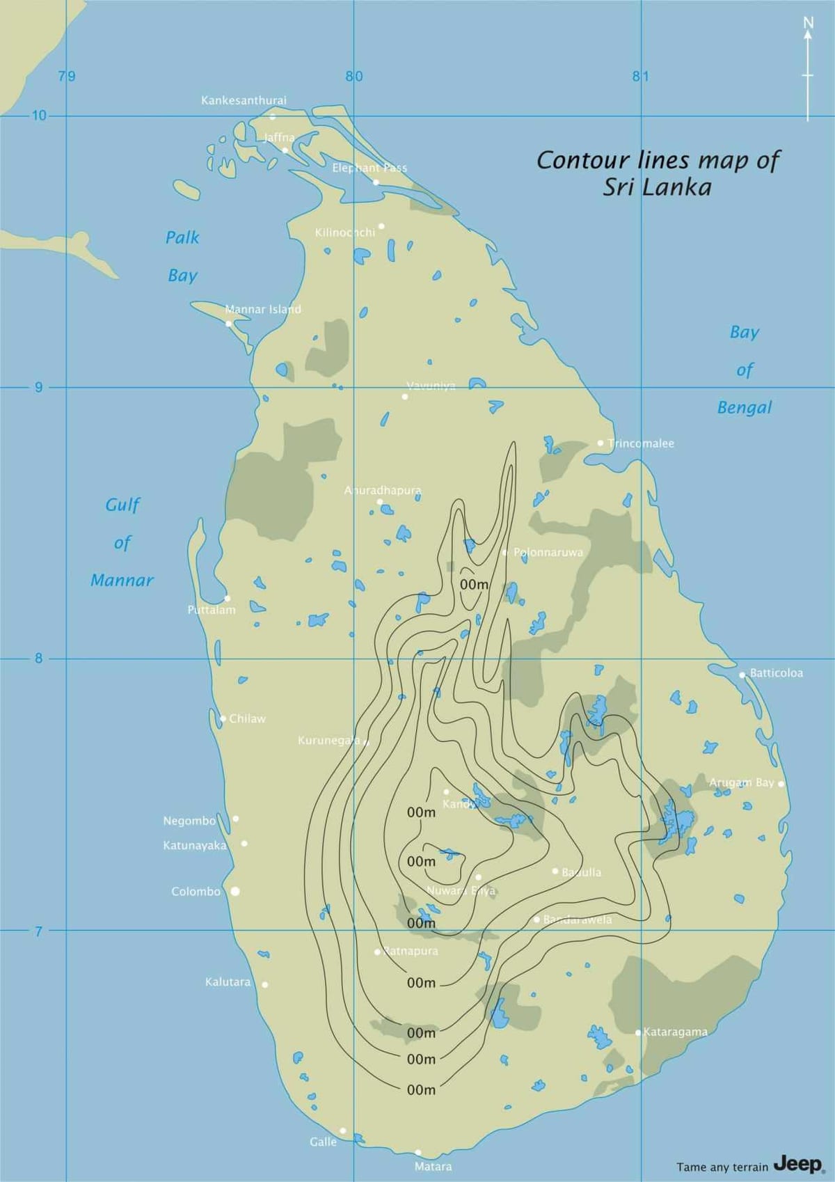 kaart van contour kaart van Sri Lanka