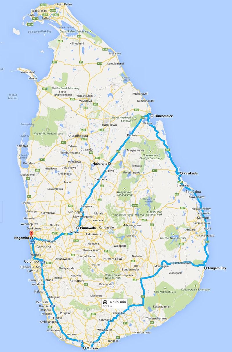 Sri Lanka beste stranden kaart