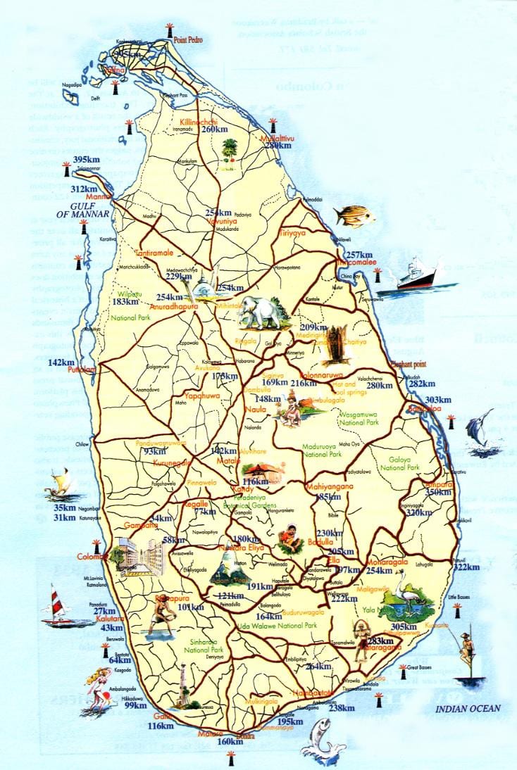 kaart van Sri Lanka beach resorts