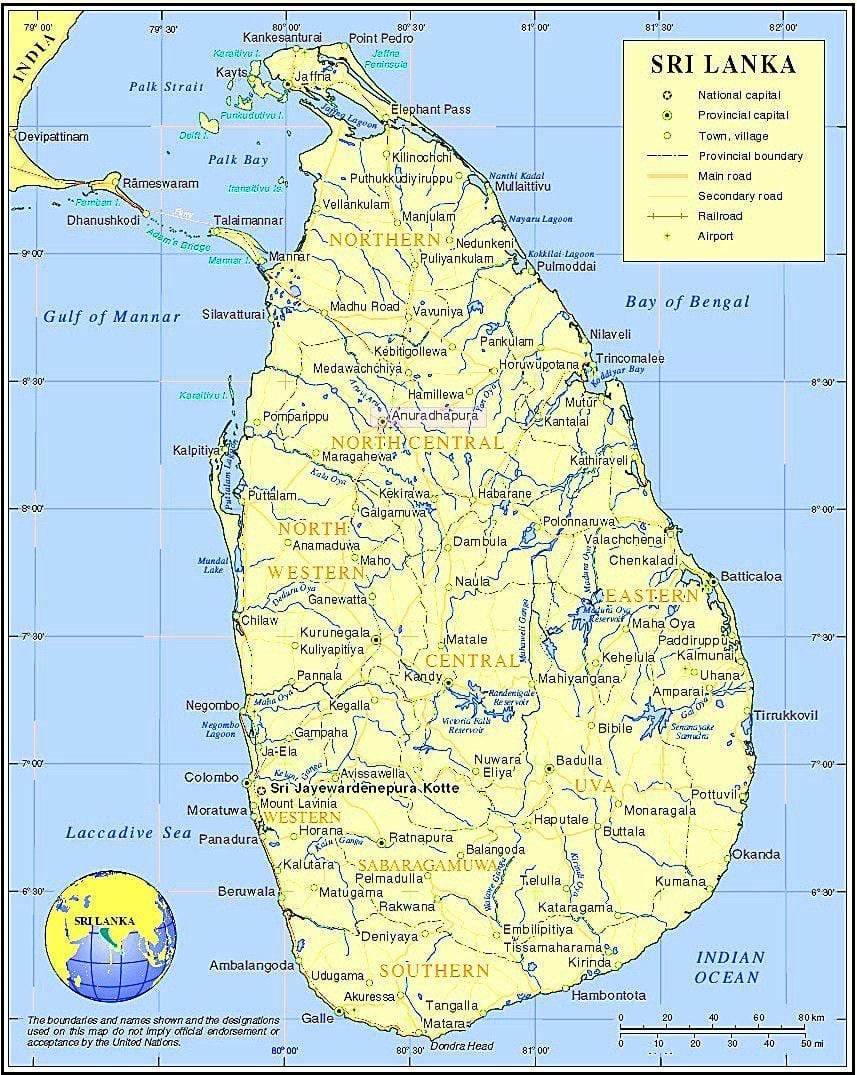 kaart van Sri Lanka historische plaatsen