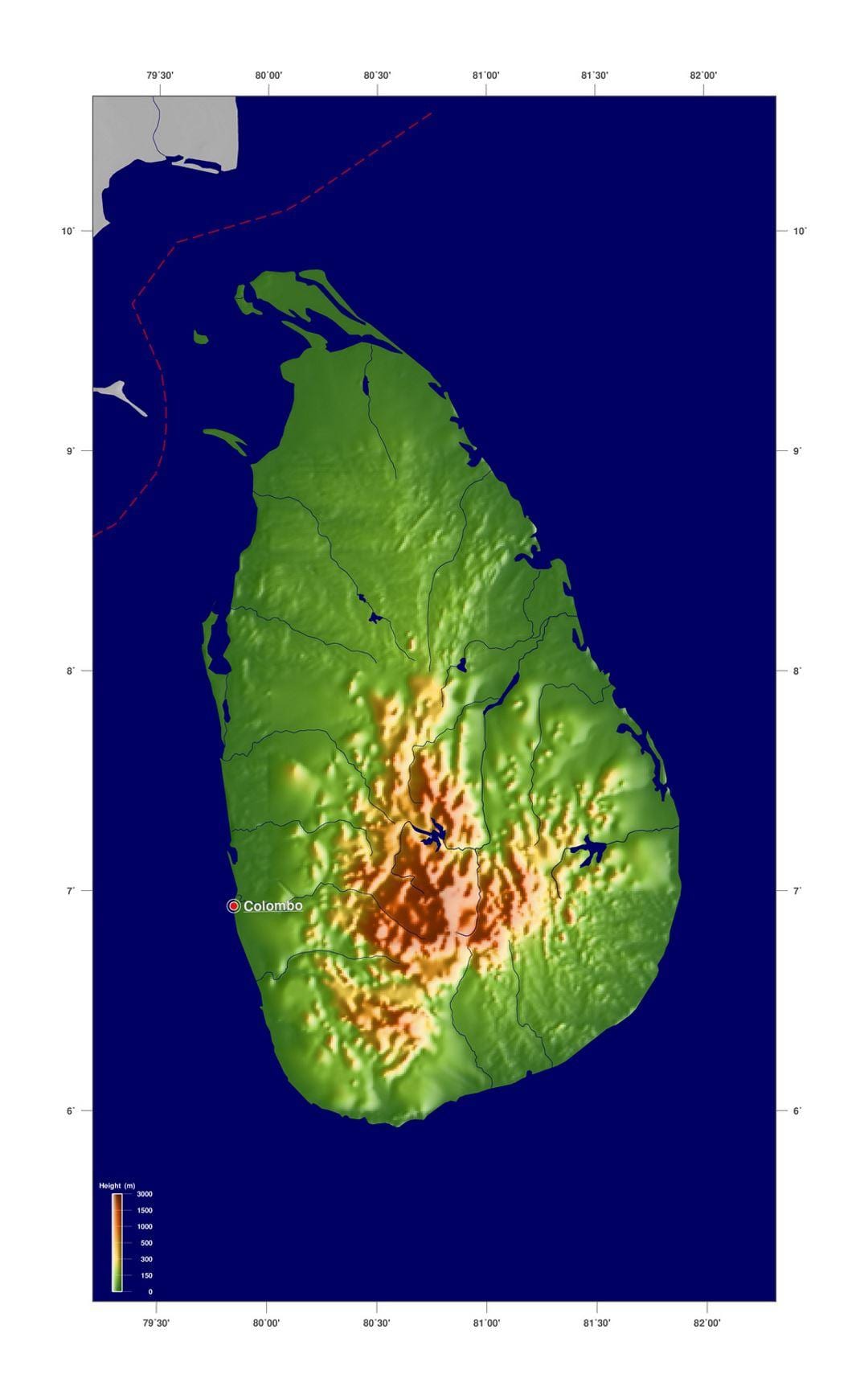 kaart van Sri Lanka hoogte