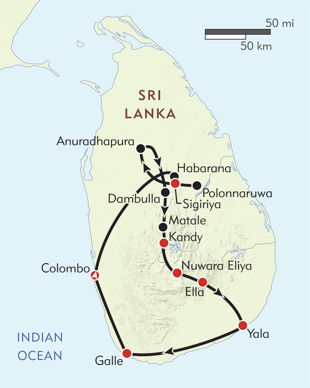 kaart van Sri Lanka route