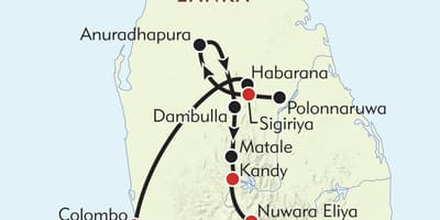 Kaart van Sri Lanka route