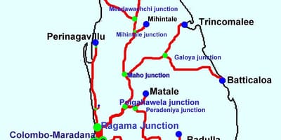 Kaart van Sri Lanka trein lijnen